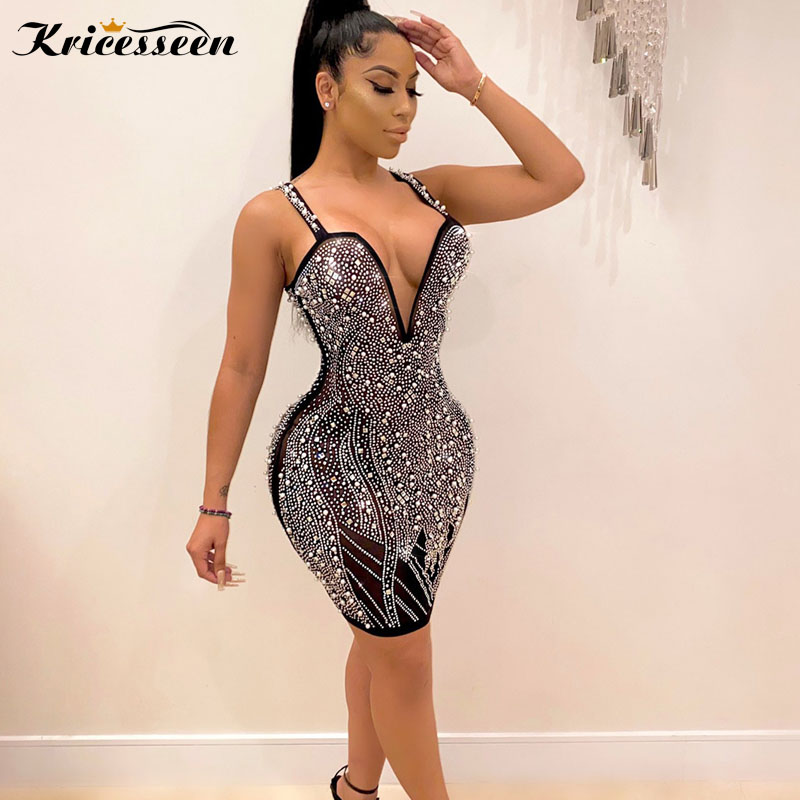 Kricesseen-섹시한 블랙 스트랩 핫 민소매 크리스탈 다이아몬드 미니 드레스, 여성 메쉬 패치 워크 바디콘 파티 클럽웨어 드레스